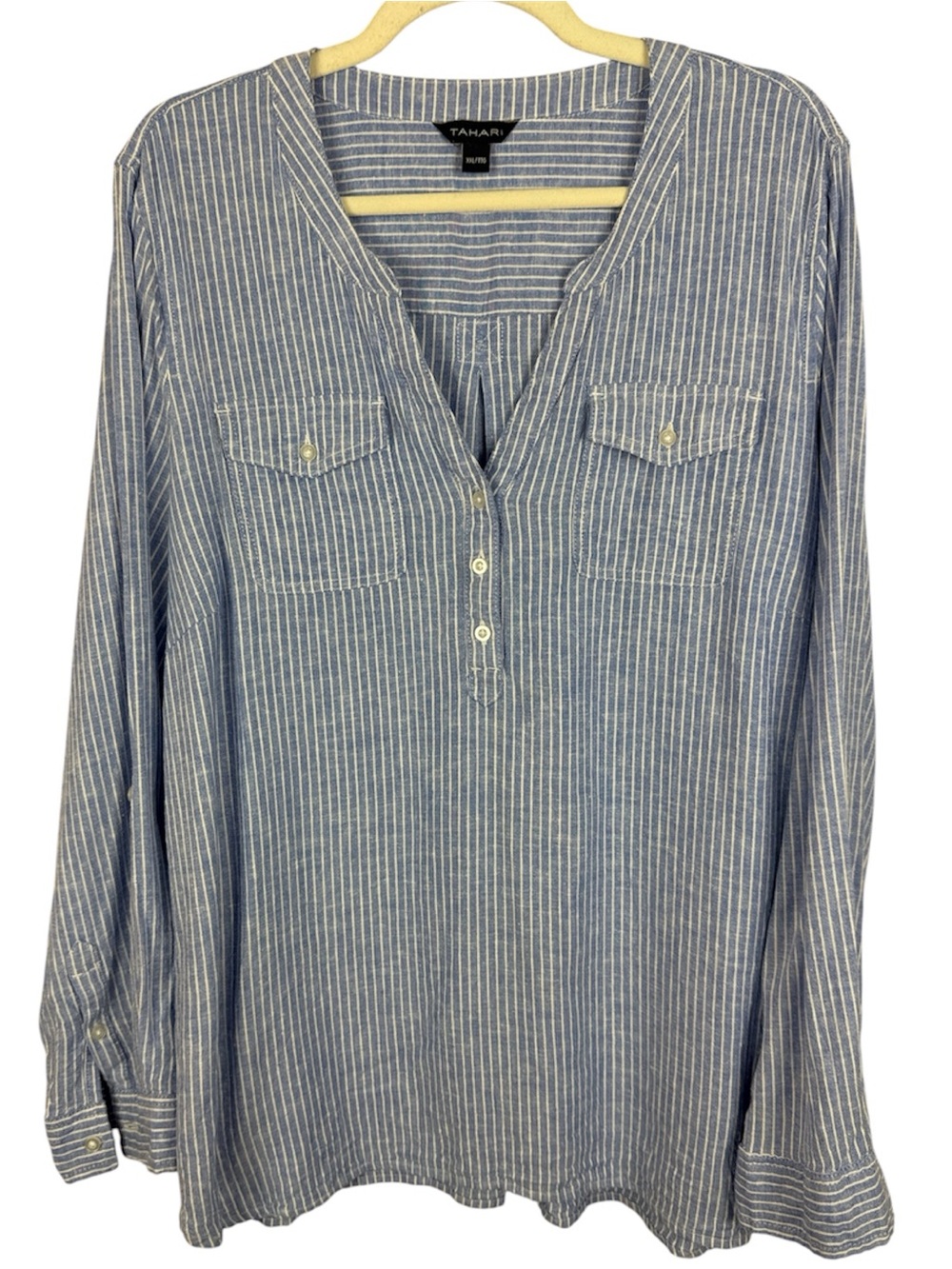 Tahari Blue White Striped Linen Blend Henley Top XXL Roll Tab Sleeve